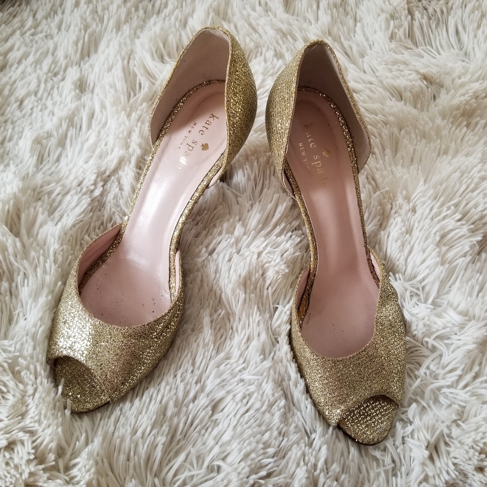 Kate Spade Sage peep toe heel gold glitter 8